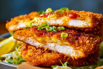 A plate of chicken fingers with lemon wedges.