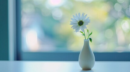 A single flower in a solid-colored vase, set on a simple, white table