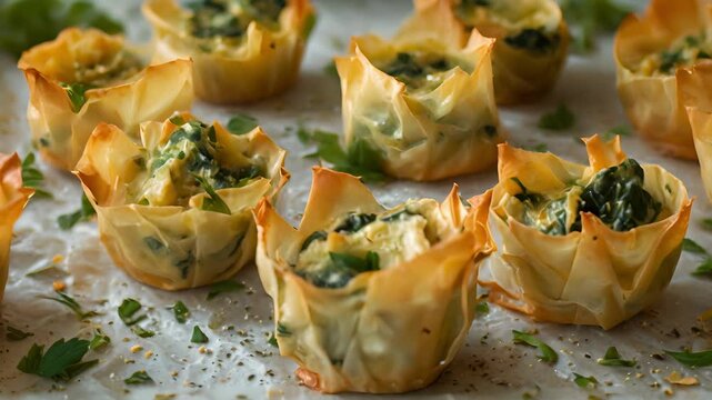 Bitesized spinach and artichoke dip cups made with a vegan cheese base and served in a crispy phyllo shell.