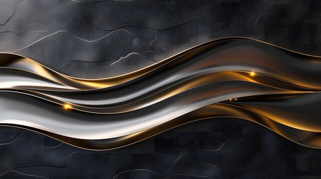 Abstract 3D rendering of flowing silver and gold waves on a dark background with glowing light reflections.