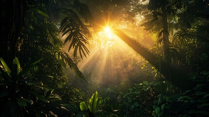 Obraz premium A dense forest at sunrise, with rays of light piercing through the thick canopy, illuminating the lush greenery below.