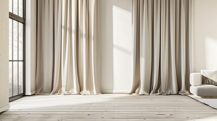 Minimalist room with solid colored curtains framing a large window