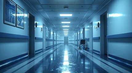 Naklejka premium Empty hospital corridor with wheelchair - generative ai