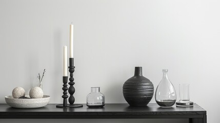 Stylish home decor with elegant accessories and space for text featuring white wall black table candlestick glass bottle and round decoration