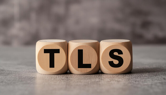 Wooden cubes with abbreviation TLS, cement background. Transport Layer Security. Technology concept.