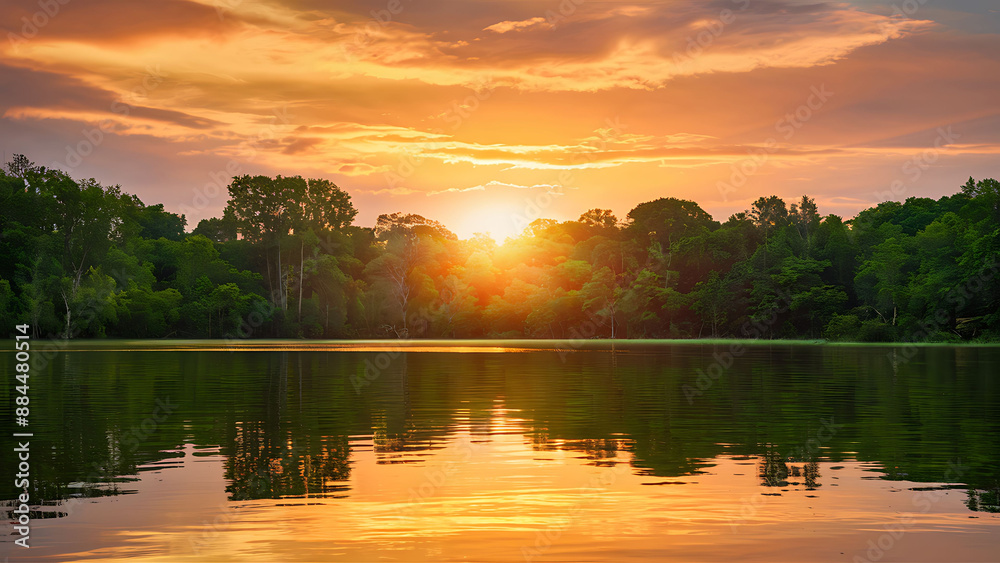 Wall mural Sunset sky with a golden sun slowly sinking below the horizon