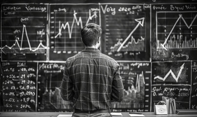 a person writing something on blackboard with up arrow pointing up, in the style of dynamic structures, black-and-white graphic,generative ai