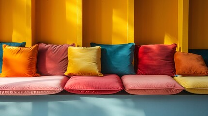 Solid-colored cushions arranged neatly on a minimalist bench