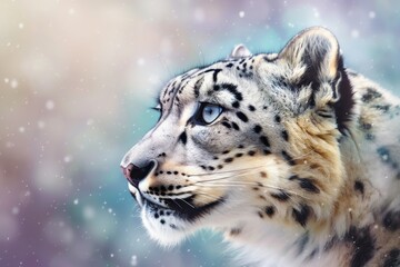 A close-up side profile of a snow leopard against a dreamy, snowy background, showcasing its intense blue eyes and beautiful fur