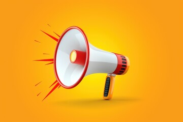 A white and red megaphone emits sound waves against a bright orange background, symbolizing announcement and communication