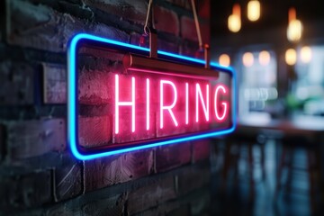 Neon sign with the word "HIRING" glows on a brick wall in a dimly lit interior setting, creating a lively and inviting atmosphere