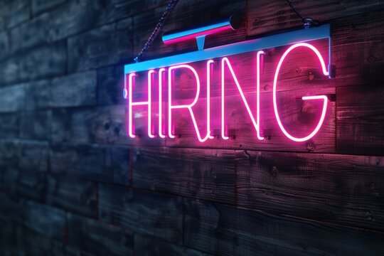 Illuminated "HIRING" neon sign hanging on a rustic wooden wall, glowing with a vibrant pink color, indicating job vacancies