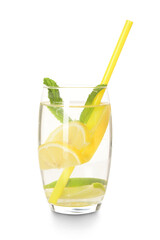Glass of tasty lemonade with mint and lime on white background