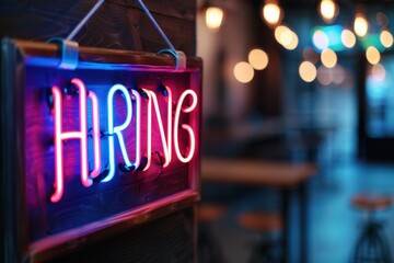 A glowing neon sign that reads "HIRING" hangs in a warmly-lit and cozy restaurant or cafe interior, indicating job vacancies