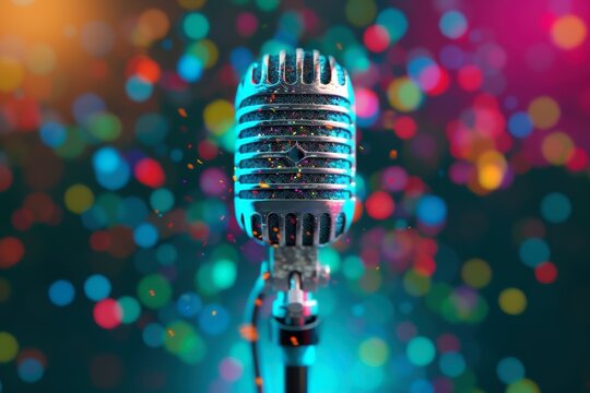 Vintage microphone with a colorful, bokeh-filled background, creating a vibrant and energetic atmosphere