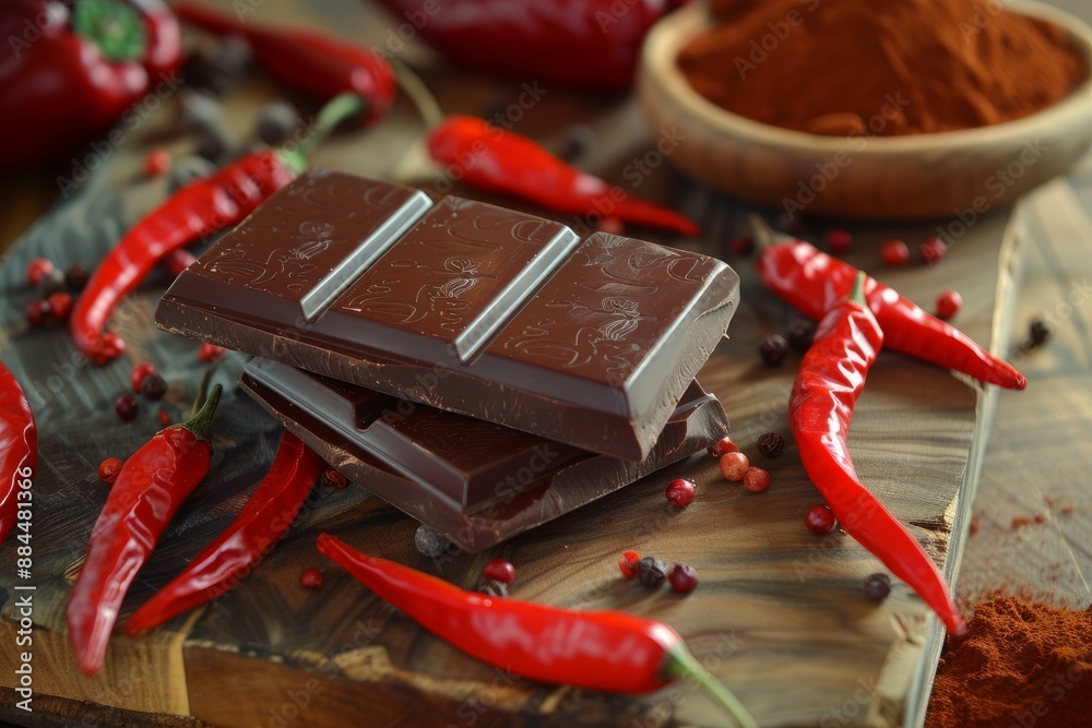 Poster dark chocolate bar with red chili peppers and cocoa powder on a rustic wooden surface