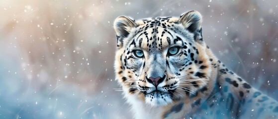 A snow leopard with piercing blue eyes gazes directly at the viewer, with a snowy background and a serene expression