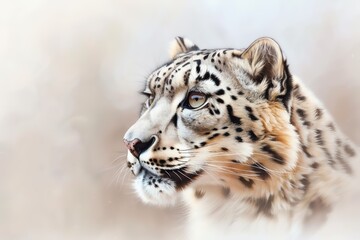 Obraz premium Digital artwork of a snow leopard profile, showcasing its distinctive spotted fur, intense gaze, and delicate details against a soft, blurred background