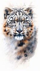 Fototapeta premium A detailed watercolor illustration of a leopard, capturing its intense gaze and majestic presence with soft splashes of color around it, white background.