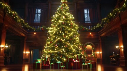 A huge Christmas tree with bright lights and presents.