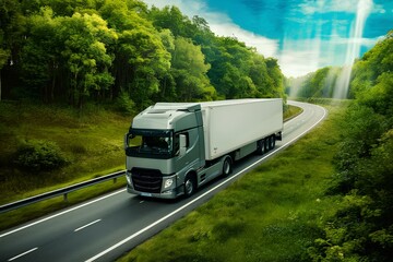 Aerial top view of car and truck driving on highway road in green forest. Sustainable transport. Drone view of hydrogen energy truck driving on asphalt road vehicle speed forest transportation driver