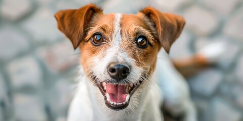 A close-up of a brown and white dog with its mouth open, possibly barking or howling