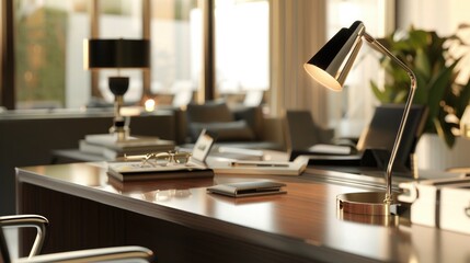 An elegant, high-end desk lamp with a modern design, placed on a sleek office desk.