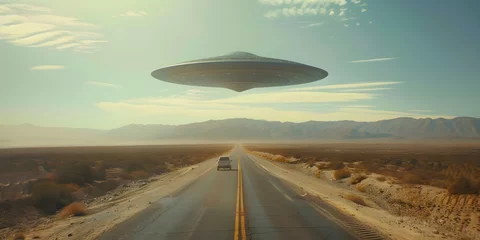 Fotobehang Car driving on road below UFO hovering overhead. Concept UFO Encounter, Strange Sights, Mysterious Happenings, Unexpected Sightings, Otherworldly Experience © Anastasiia