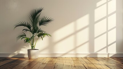 Fototapeta premium An empty white room with a wooden floor and a potted plant