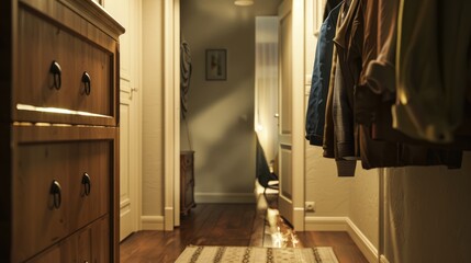 Contemporary hallway with dresser and clothing on hangers Text space