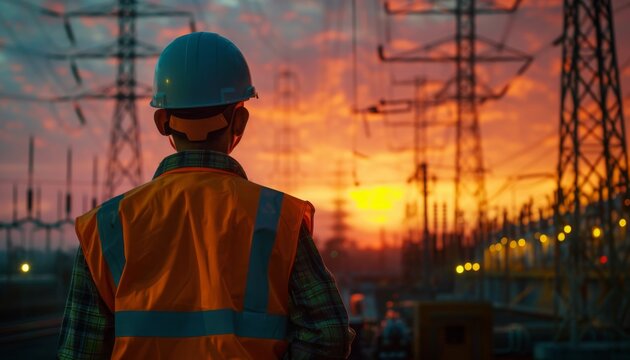 Electrical Substation Engineer Inspecting Modern High-Voltage Equipment
