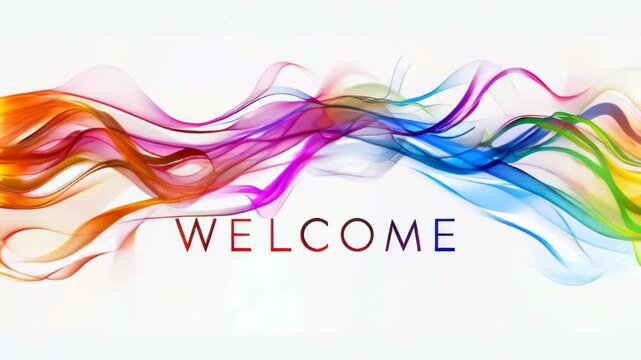Animated Welcome greeting text on light background, featuring colorful swirling lines, events, websites, greetings, hospitality industry and promotional materials