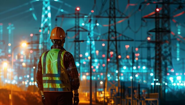 Electrical Substation Engineer Inspecting Modern High-Voltage Equipment