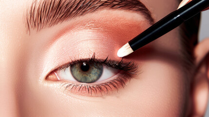 Close-up of a woman's eye with makeup being applied, highlighting the precision of the application tool.