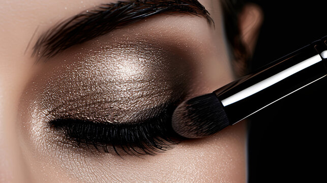 Close-up of a woman's eye with shimmery eyeshadow being applied with a makeup brush.
