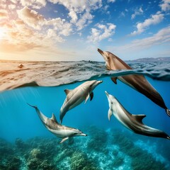 海中から見上げる、水面近くで泳ぐイルカと青い空