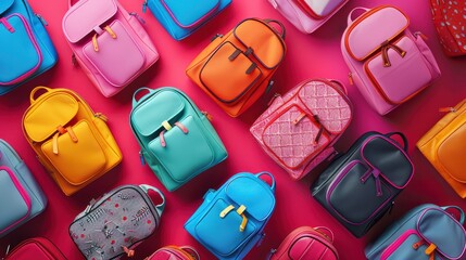 Colorful back to school backpacks arranged in a playful pop-art style