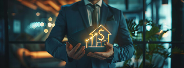 Interest rate and dividend, Businessman hold up arrow icon and percentage with graph indicators for investment growth. business financial investment,generative ai