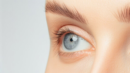 Close-up of a blue eye looking to the side with natural makeup.