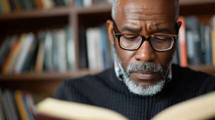 book lovers day African American man in glasses reading a book in the library