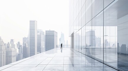 Fototapeta premium Realistic rendering of an office building exterior with large glass windows overlooking the city skyline, creating a bright and airy atmosphere for business activities. 