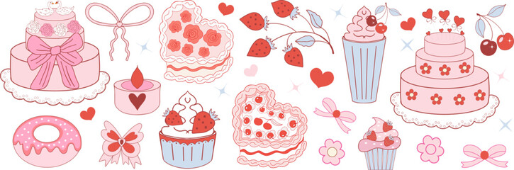 Pink girly coquette y2k aesthetic set, elegant vintage accessory. Lovely cute collection, red cherrie, pink ribbon, bow, balloon dog isolated on white background. Vector illustration