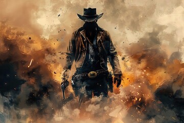 Mysterious cowboy gunslinger standing amidst a dusty, fiery backdrop, exuding intensity and danger.