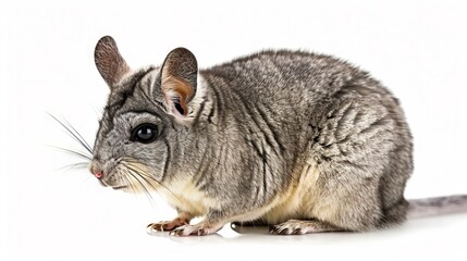 A gray chinchilla is sitting on a white background.