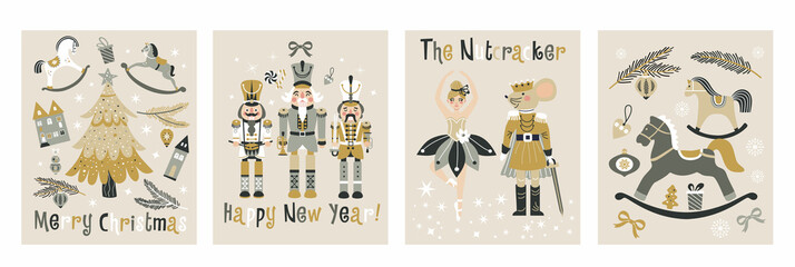 Happy New Year Nutcrackers banners set on Light Background. Postcard. Childish rocking horses. Christmas illustration.