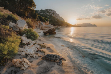 Zakynthos, Marathonisi Island, turtle-shaped island, sandy beaches, lush vegetation, tranquil escape, golden hour lighting, peaceful island retreat
