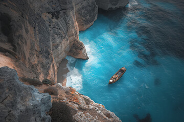 Obraz premium Zakynthos Navagio, shipwreck beach, crystal-clear turquoise waters, dramatic limestone cliffs, secluded cove, midday lighting, stunning coastal scenery