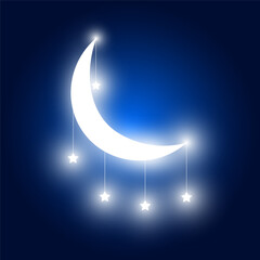 Half moon with stars, crescent on dark background, vector illustration.