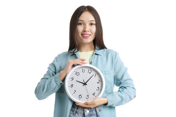 Young Asian woman with clock on white background