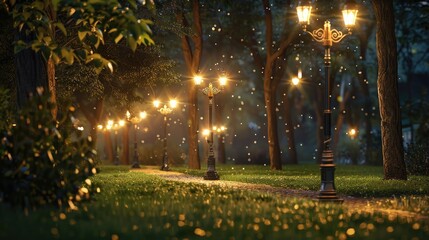 Obraz premium City park with glowing lampposts at night